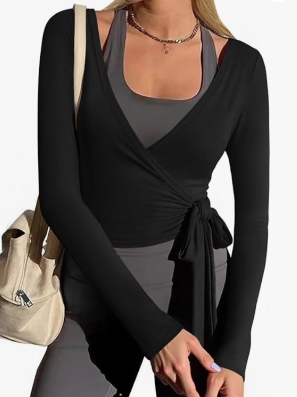 Black Tie-Waist Wrap Top - Women